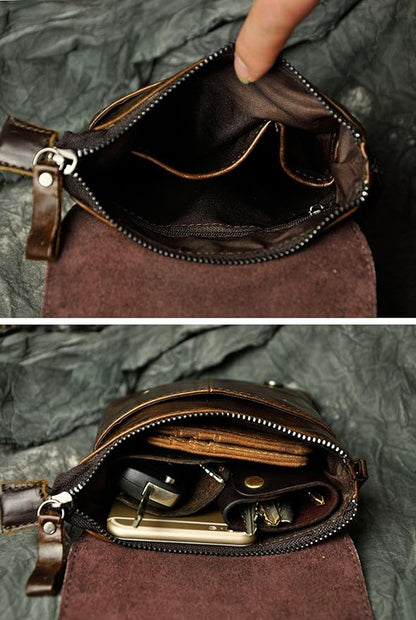 Le'aokuu Mens Genuine Leather Small Messenger Shoulder Satchel Phone Pouch Belt Waist Bag Pack