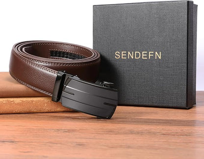 SENDEFN Men's Leather Belt Automatic Ratchet Buckle Slide Belt for Dress Casual Trim to Fit with Gift Box
