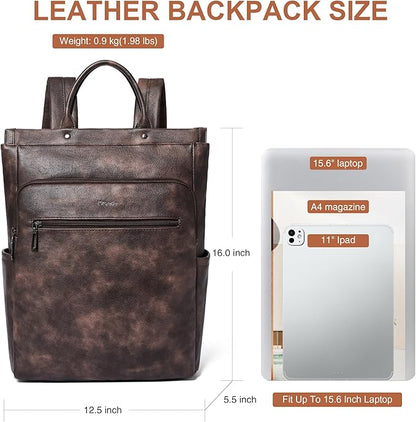 Leather Laptop Backpack for Women, Travel Backpack Purse Fits 15.6 Inch Laptop, Casual Daypack with Laptop Compartment for College Work Business Nurse Weekender, Coffee
