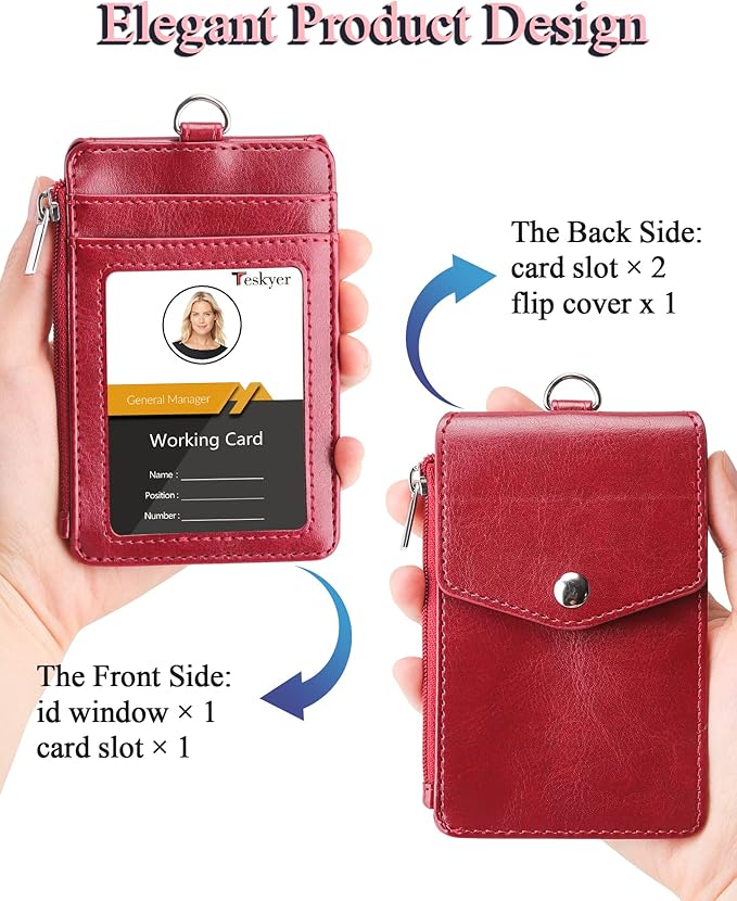 Teskyer Badge Holder with Side Zip Pocket, Multiple Card Slots Leather ID Holder Wallet with Neck Lanyard for Office Staffs, Teachers/Students, Couriers, Workers, Red