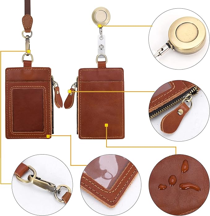 Wonderpool Leather ID Badge Holder with Zipper Wallet Pouch - Card Slots Case Detachable Neck Lanyard and Retractable Badge Reel for Office School Hospital Exhibition ID (Red Brown)