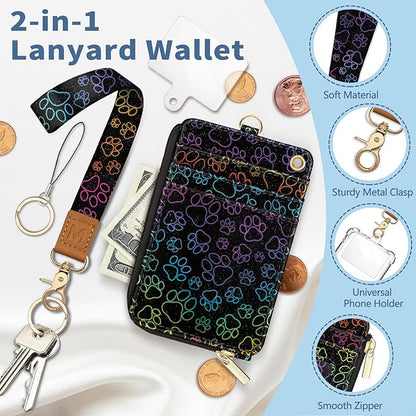 Lanyard Wallet with Id Badge Holder, Dog Paw RFID Small Keychain Wallet Women Wristlet, Cute Zipper Credit Card Holder Phone Wrist Neck Strap for Key Name Tag, Teacher Student Office Gifts