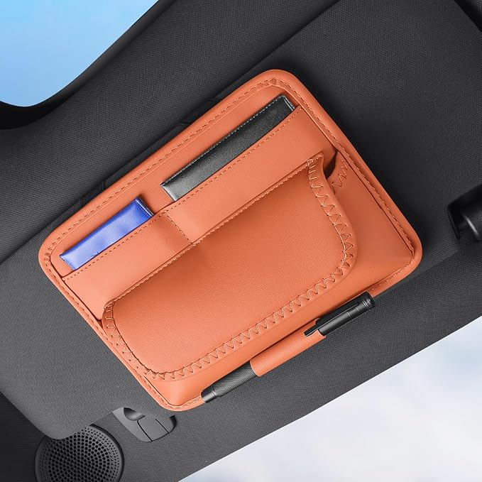 HOLDCY Car Visor Organizer – Sun Visor Storage Pouch Holder for Vehicle Truck SUV, PU Leather Auto Interior Accessories for Registration Document, Gas Card & Sunglasses, Universal Fit (Oranger)