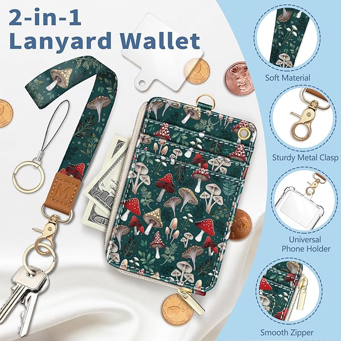 Lanyard Wallet with Id Badge Holder, Mushroom RFID Small Keychain Wallet Women Wristlet, Cute Zipper Credit Card Holder Phone Wrist Neck Strap for Key Name Tag, Teacher Student Office Gifts