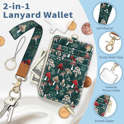 Lanyard Wallet with Id Badge Holder, Mushroom RFID Small Keychain Wallet Women Wristlet, Cute Zipper Credit Card Holder Phone Wrist Neck Strap for Key Name Tag, Teacher Student Office Gifts