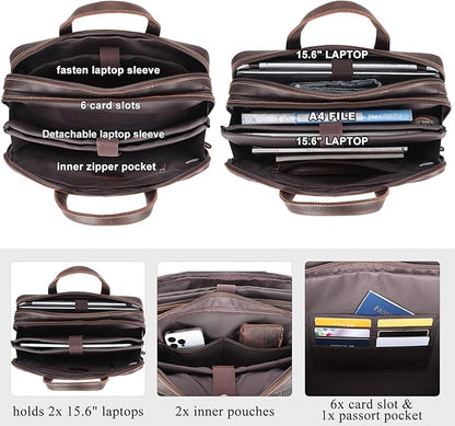 Masa Kawa Leather Briefcase for Men 15.6", 17" Laptop Computer Case Business Travel Work Messenger Cross Body Shoulder Bag