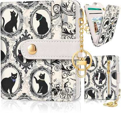 Jogjam Vintage Black Cats Rfid Ladies Wallet, Small Slim Thin Compact Credit Card Women Wallet, Art Aesthetics PU Leather Bifold Cash Zipper Coin Pocket for Female
