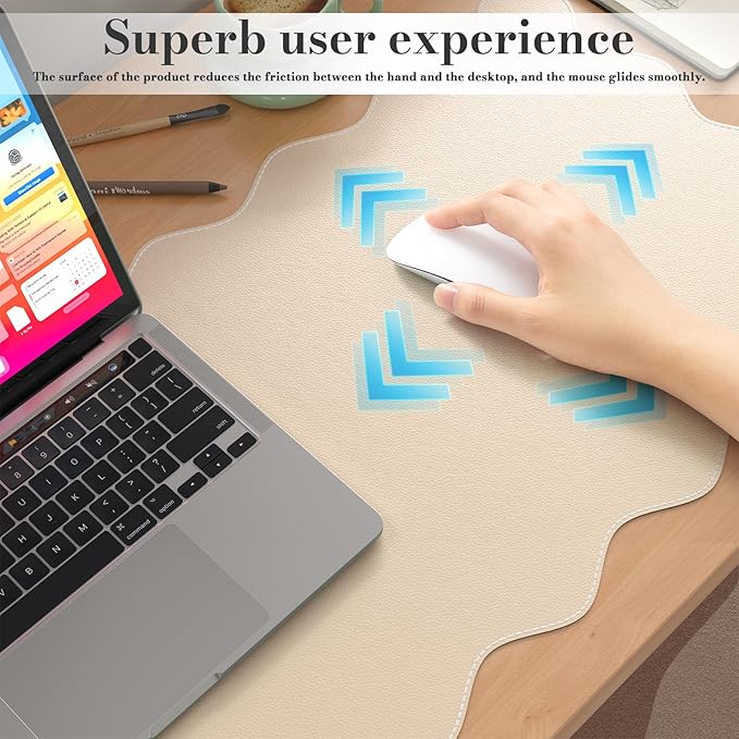 iCasso Leather Mouse Pad,Extra Large Desk Pad,Cute Scalloped Computer Mat for Desktop,Non-Slip Nail Mats with Stitched Edges,Waterproof PU Desk Protector Pad for Office Home Dorm