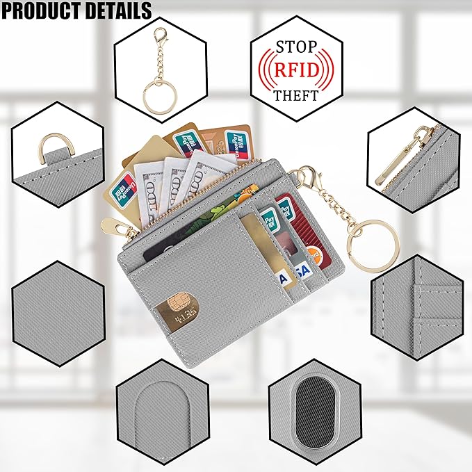 Suweibuke Slim Pocket Wallet, RFID Blocking Credit Card Holder Wallet with D-Shackle ID Window and Detachable keychain for Women (A-Grey)