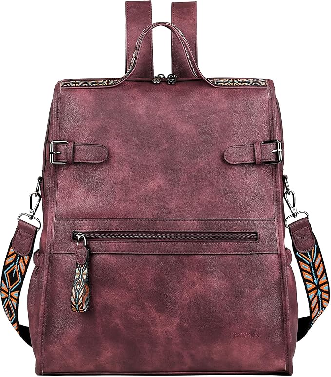 FADEON Leather Laptop Backpack for Women, Designer Ladies Work Travel Computer Backpack with Laptop Compartment Purse Red