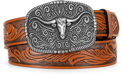 TRIWORKS Western Belt for Men Women Cowboy Engraved Belt Western Buckle Embossed Leather Belt
