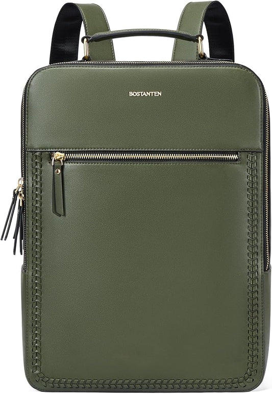 BOSTANTEN Leather Backpack 15.6 inch Laptop Bag Travel Casual Computer Backpack College Business Work Shoulder Bags with Trolley Sleeve for Women Men Olive Green