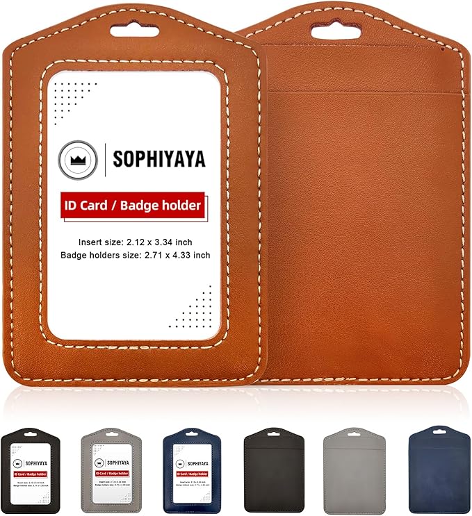 2 Pack Genuine Leather Badge Holder, Key Card Holder, Vertical ID Badge Holder for Student, Teacher, Office, Work and Factory (Brown)