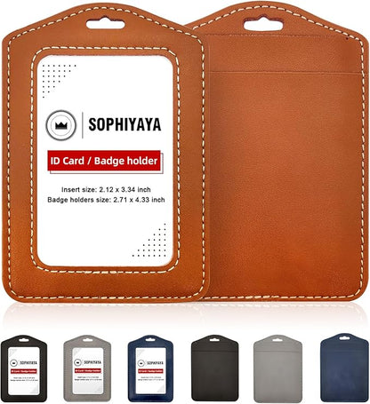 2 Pack Genuine Leather Badge Holder, Key Card Holder, Vertical ID Badge Holder for Student, Teacher, Office, Work and Factory (Brown)