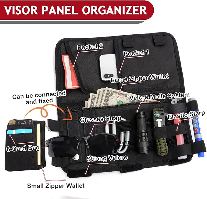 Molle Visor Panel Organizer, Tactical Car Sun Visor Cover Molle Webbing Compatible Elastic Slots Vehicle Visor Storage Holder Pouch for All Vehicle