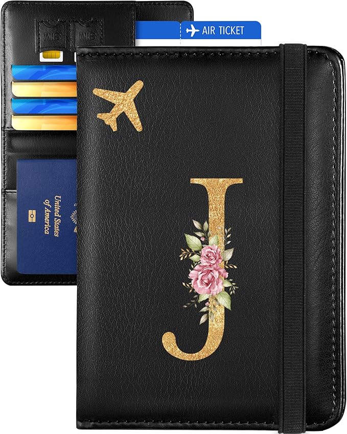 Slohif Initial Passport Holder Cover Wallet Case for Travel Women - Leather Letter Passport Book Family Multiple Personalized Organizer Card Slots Protector Sleeve Essentials Slim Carrier J Black