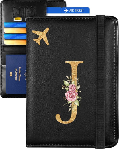 Slohif Initial Passport Holder Cover Wallet Case for Travel Women - Leather Letter Passport Book Family Multiple Personalized Organizer Card Slots Protector Sleeve Essentials Slim Carrier J Black