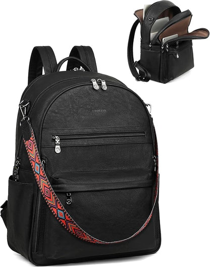 FADEON 15.6 inch Laptop Backpack Purse for Women Designer PU Leather Computer Backpacks Fashion for Work Travel Black