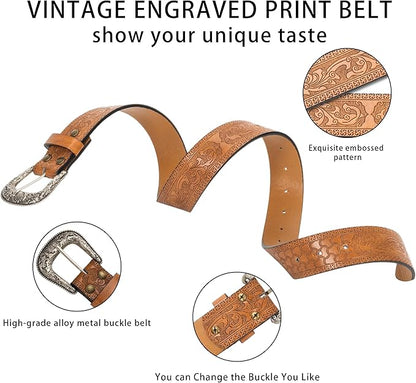 INOGIH Adjustable-Vintage-Western-Cowboy-Belt Women Men - Cowboy-Style Engraved-Buckle Belt for Jeans Pants Dresses