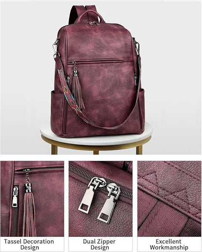 FADEON Leather Laptop Backpack for Women Designer 15.6 inch PU Laptop Bag, Ladies Travel Computer Work Backpack Red