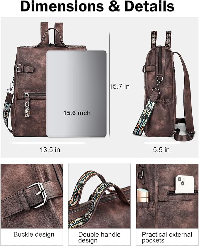 FADEON Leather Laptop Backpack for Women, Designer Ladies Work Travel Computer Backpack with Laptop Compartment Coffee Brown
