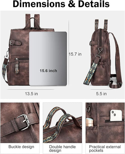 FADEON Leather Laptop Backpack for Women, Designer Ladies Work Travel Computer Backpack with Laptop Compartment Coffee Brown