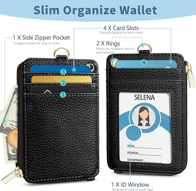 Lanyard Wallet with Id Badge Holder, Black RFID Small Keychain Wallet Women Wristlet, Minimalist Zipper Credit Card Holder Phone Wrist Neck Strap for Key Name Tag, Teacher Student Office Gift