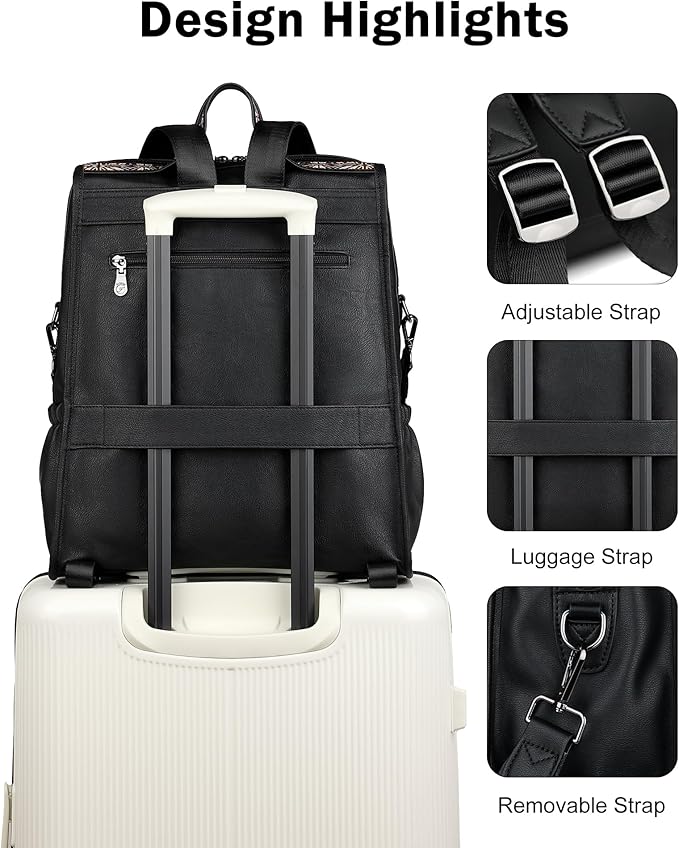 FADEON Leather Laptop Backpack for Women, Designer Ladies Work Travel Computer Backpack with Laptop Compartment Purse Black