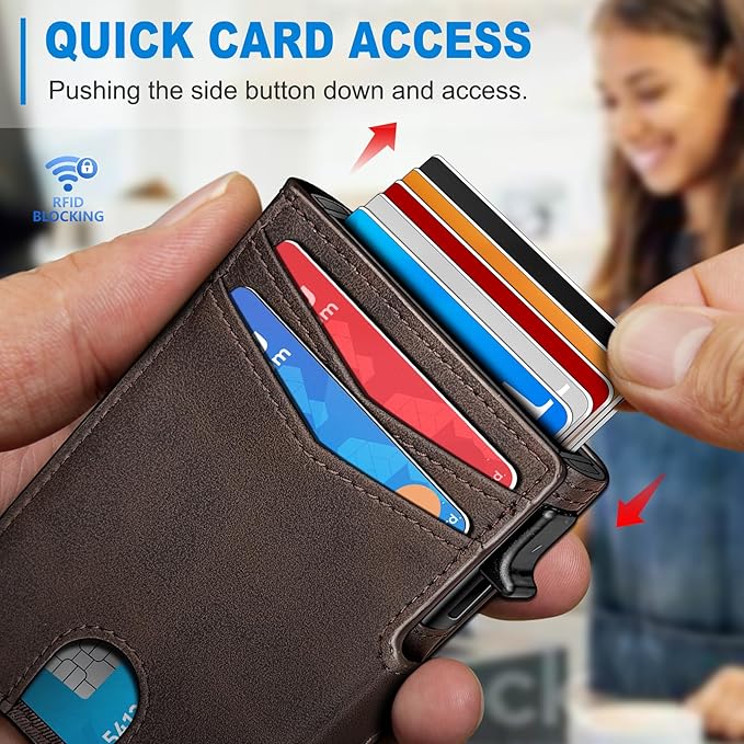 miyozi Wallet for Men, Magnetic Minimalist Slim Wallet with Pop Up Card Holder, 9 Cards RFID Blocking Metal Credit Card Case, Leather Wrapped Money Clip, ID Window & Small Item Slot, Gift Boxed