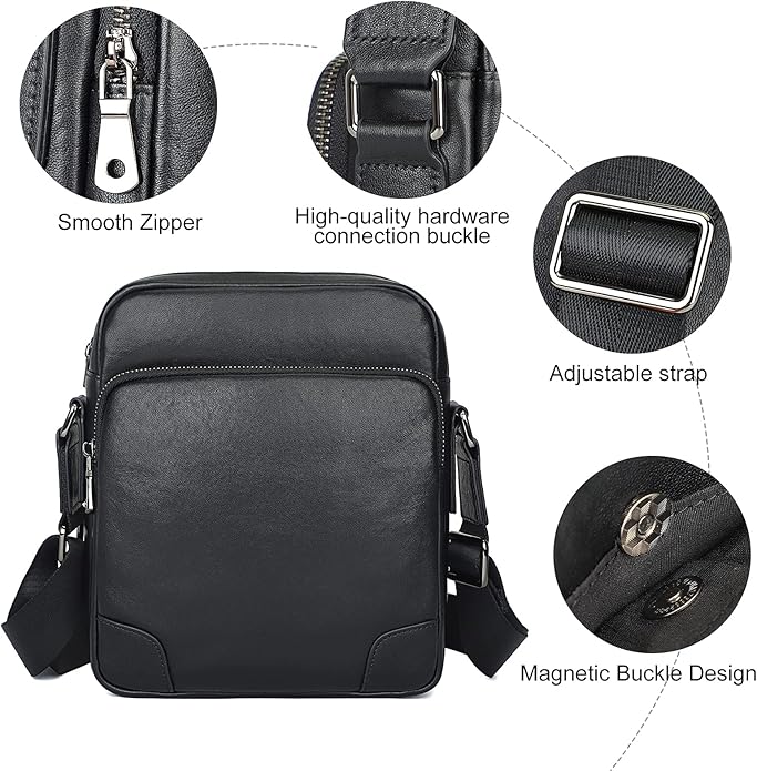 Augus Leather Messenger Crossbody Shoulder Bag for Men Work Business Casual Adjustable Straps (Black-1)