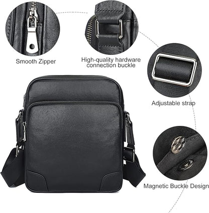 Augus Leather Messenger Crossbody Shoulder Bag for Men Work Business Casual Adjustable Straps (Black-1)