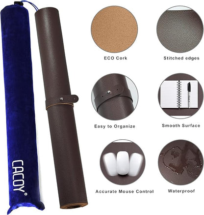 Cacoy Large Desk Mat 48" x 24" Leather Desk Pad Protector with Cork & PU Leather, Dual-Sided Office Desk Mat, Large Mouse Pad, Waterproof Desk Blotter Pad for Office and Home (Brown)