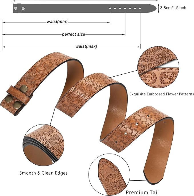 IZUS Vintage Western Belt Strap without Buckle Longhorn-Bull-Embossed Cowboy Belt for Women Men 1-1/2" Wide PU Leather Strap