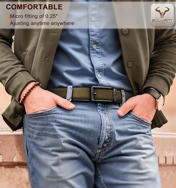 BULLIANT Men Ratchet Belt 2 Pack, Click Sliding Leather Belt Adjustable for Gift Men Dress Casual Jeans 1 3/8,Cut for Fit