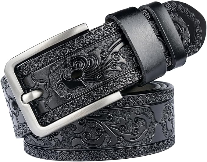 INOGIH Mens Western Floral Engraved Embossed Tooled Genuine Leather Belt - Square Buckle Casual Belt For Daily Decoration
