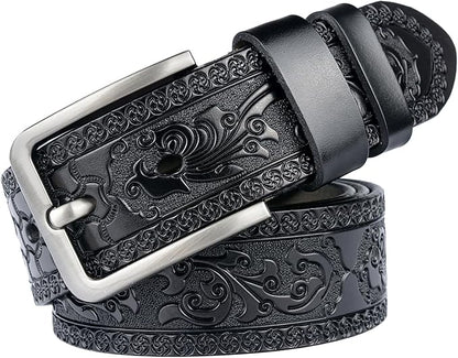 INOGIH Mens Western Floral Engraved Embossed Tooled Genuine Leather Belt - Square Buckle Casual Belt For Daily Decoration