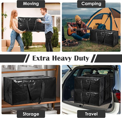 6 Pack Moving Bags with Full-Open Side Zipper, Extra Large 93L Heavy Duty Waterproof Foldable Storage Totes for College Dorm, Moving & Home Organization Black