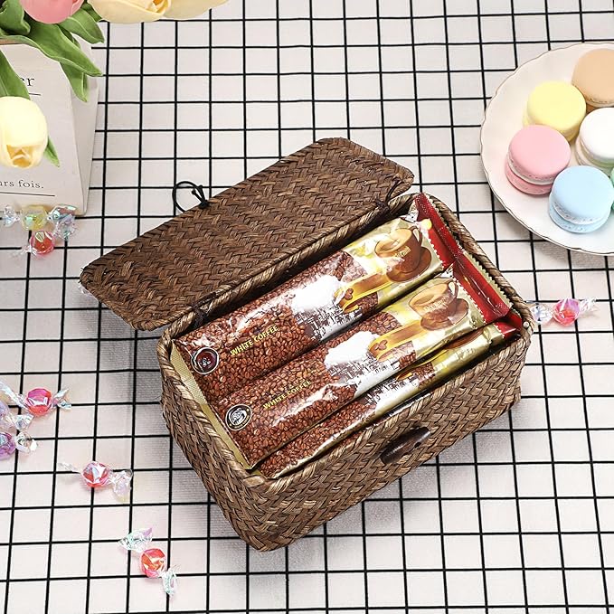 Hipiwe Handwoven Wicker Basket with Lid Desk Organizer for Remote Control Key Glass Coffee Color Seagrass Box for Decoration, 7.0"L x 4.3"W x 3.3"H