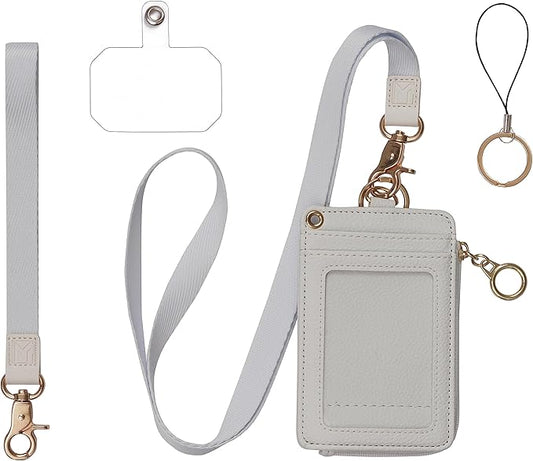 MONDO DESIGNS 2-in-1 ID Badge Holder & Lanyard Wallet - Multi-Use Womens Small Wallet with Removable Wristlet & Neck Lanyard, Clear Window, 5 Card Slots, Phone Holder, Ring Keychain - Off White