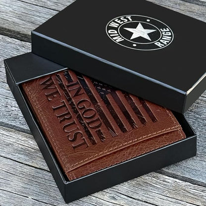 MID WEST RANGE Bifold Money Clip Wallet for Men – Slim Front Pocket Leather Wallet with Metal Clip, Patriotic USA Flag Design, IN GOD WE TRUST, Compact Everyday Carry
