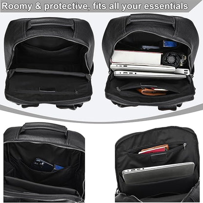 Durable Genuine Leather Backpack - 15.6 Inch Laptop Bag for Business Commute & Travel, Large Capacity Multi-Pocket Backpack for Men/Women, Black