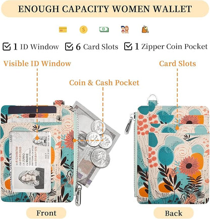 Hancynir Boho Abstract Floral Flower Small Wallet Women Credit Card Holder, Slim RFID Blocking Keychain Card Wallets, Mini Front Pocket PU Leather Travel Zipper Coin Cash Ladies Wallet Organizer Gifts