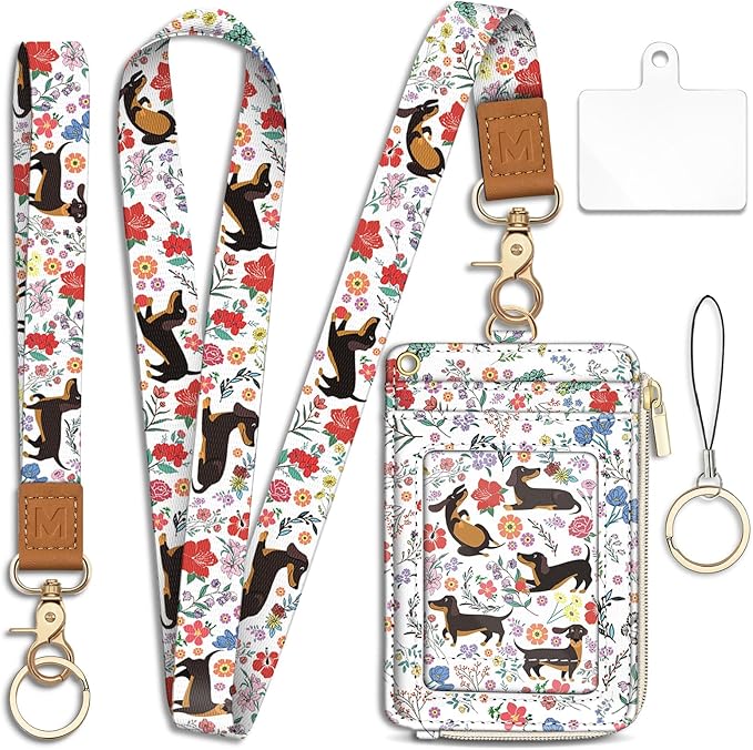 Dachshund Lanyard Wallet with ID Badge Holder, Flower Small RFID Wallet Women Keychain Wristlet, Slim Credit Card Holder with Zipper Pocket Phone Lanyard Wrist Strap Name Tag Woman Office Teacher Gift