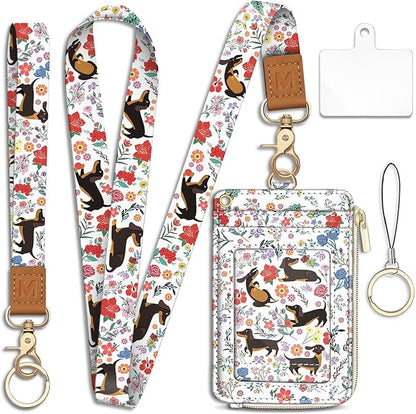 Dachshund Lanyard Wallet with ID Badge Holder, Flower Small RFID Wallet Women Keychain Wristlet, Slim Credit Card Holder with Zipper Pocket Phone Lanyard Wrist Strap Name Tag Woman Office Teacher Gift