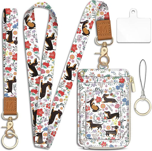 Dachshund Lanyard Wallet with ID Badge Holder, Flower Small RFID Wallet Women Keychain Wristlet, Slim Credit Card Holder with Zipper Pocket Phone Lanyard Wrist Strap Name Tag Woman Office Teacher Gift