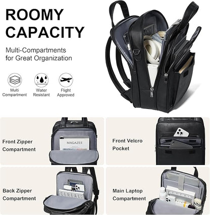 Shrrie Laptop Backpack for Women and Men, 15.6 Inch Vegan Leather Computer Backpack Professional Water-Resistant Casual Daypack for Work Business College Travel Office,Two-toned Black