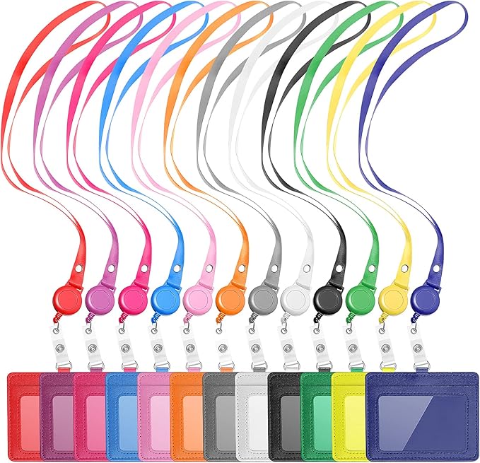 12 Sets PU Leather ID Badge Holder Retractable Name Badge Reel with Lanyards Waterproof Clear Card Holder with 1 Transparent ID Window 1 Credit Card Slot for Women Men Nurse School Office (Horizontal)
