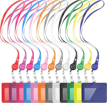 12 Sets PU Leather ID Badge Holder Retractable Name Badge Reel with Lanyards Waterproof Clear Card Holder with 1 Transparent ID Window 1 Credit Card Slot for Women Men Nurse School Office (Horizontal)