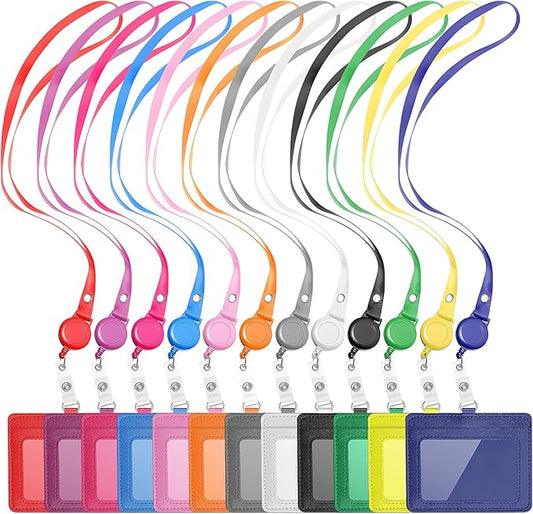 12 Sets PU Leather ID Badge Holder Retractable Name Badge Reel with Lanyards Waterproof Clear Card Holder with 1 Transparent ID Window 1 Credit Card Slot for Women Men Nurse School Office (Horizontal)