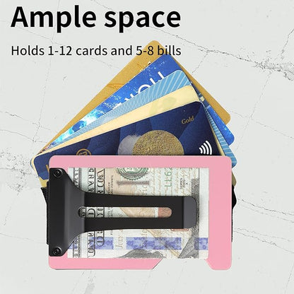 Minimalist Carbon Fiber Wallet for Men, Money Clip Cash Strap Wallet, RFID Blocking Metal Wallet Aluminum Card Holder,Front Pocket Wallet(Matte Pink)